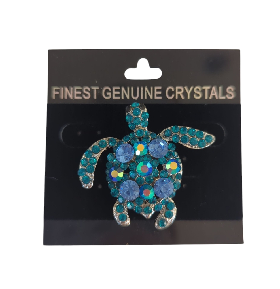 NWT Finest Genuine Crystals Sea Turtle Brooch Pin Turquoise Blue Green